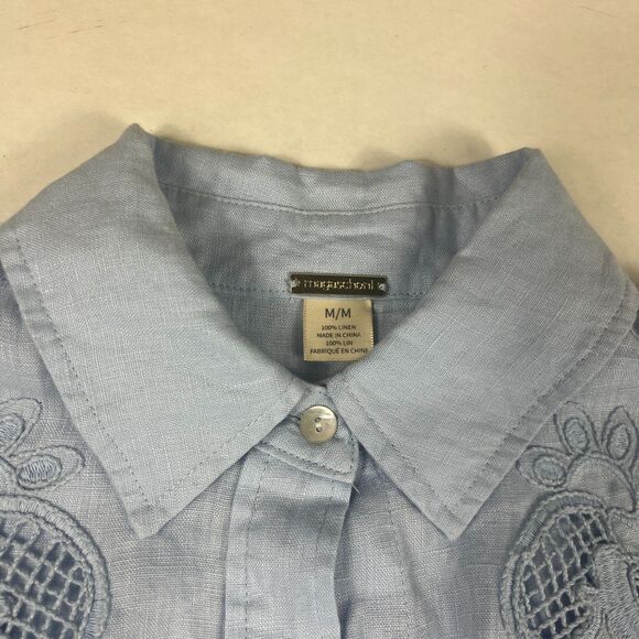 Magaschoni Linen Button Shirt Dress Blue Tie Waist Long Sleeve Embroidered M - Picture 4 of 9